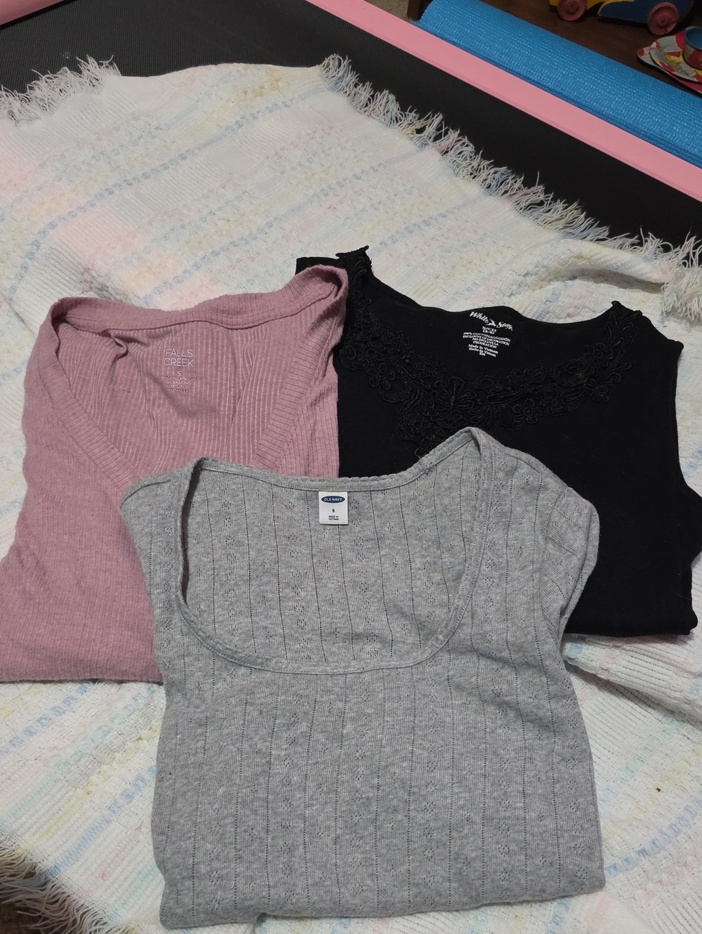 Falls Creek Ribbed V Neck Top Mauve,  Black Tank, Light Gray Long Sleeve, 3 Tops